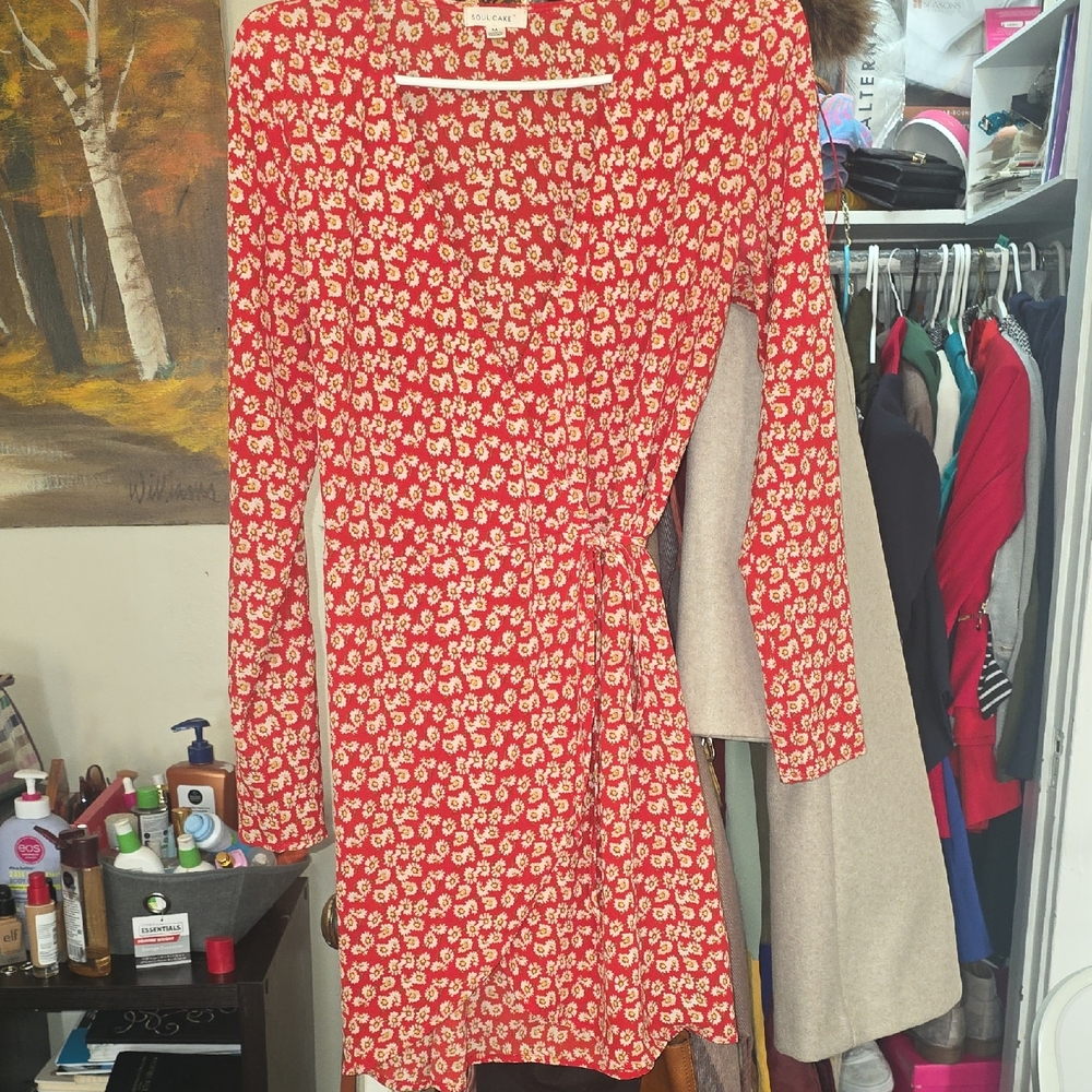 Madewell Red and White Floral Long Sleeve Dress